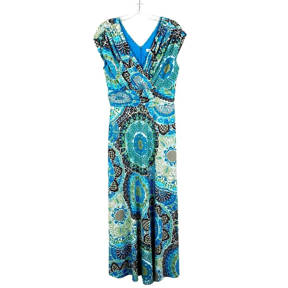 Liz Claiborne A-Line Maxi Dress Size 10 V-Neck High Waist Brown Blue Green
